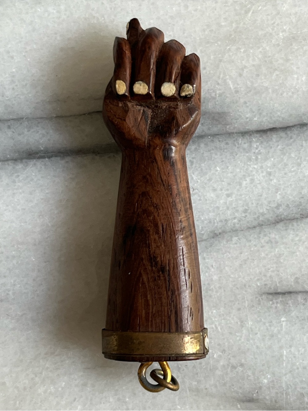 VTG Carved Wood Figa Hand Fist Embellished Pendant Charm 2”